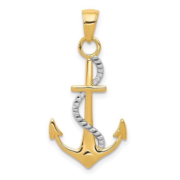 14k Two Tone Gold Anchor with Rope Pendant, 16 x 32mm - Picture 1 of 5